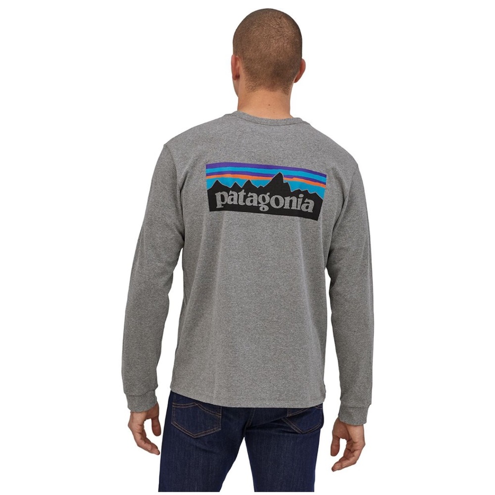 Patagonia Gray Long Sleeve Tee with Multicolor Logo Print M